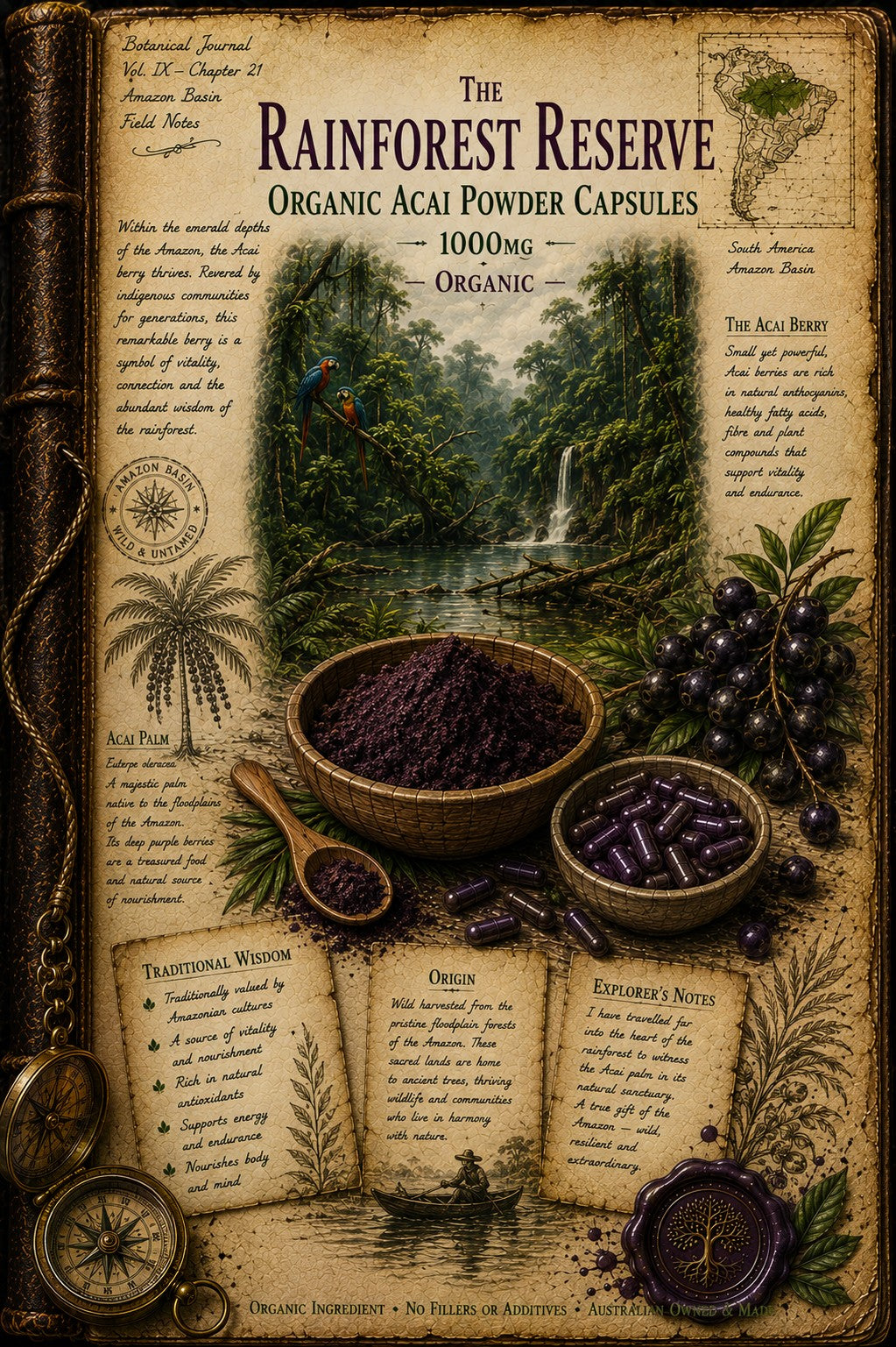 Vintage-style illustrated product card for The Rainforest Reserve Organic Acai Powder Capsules, featuring a tropical rainforest scene with a waterfall, bowls of dark purple powder and acls, text panels, and aged parchment elements on a parchment-like background.
