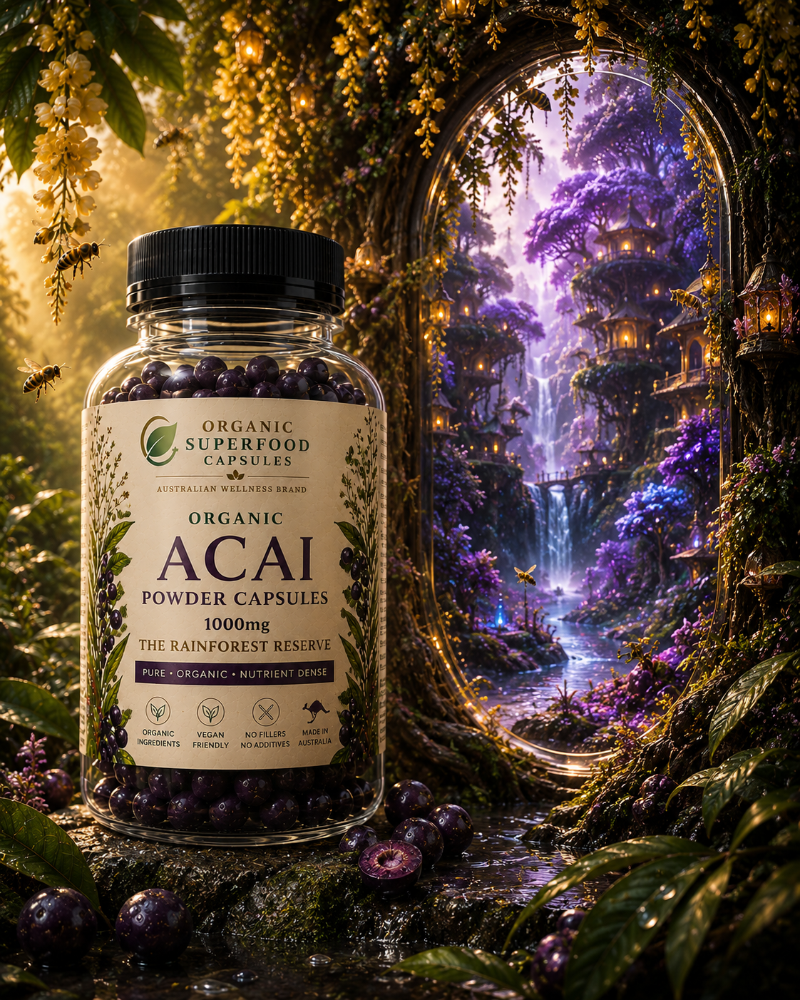 Bottle of Organic Superfood Capsules Acai Powder Capsules with a fantasy landscape in the background. Organic Acai Powder Capsules 1000mg | The Rainforest Reserve