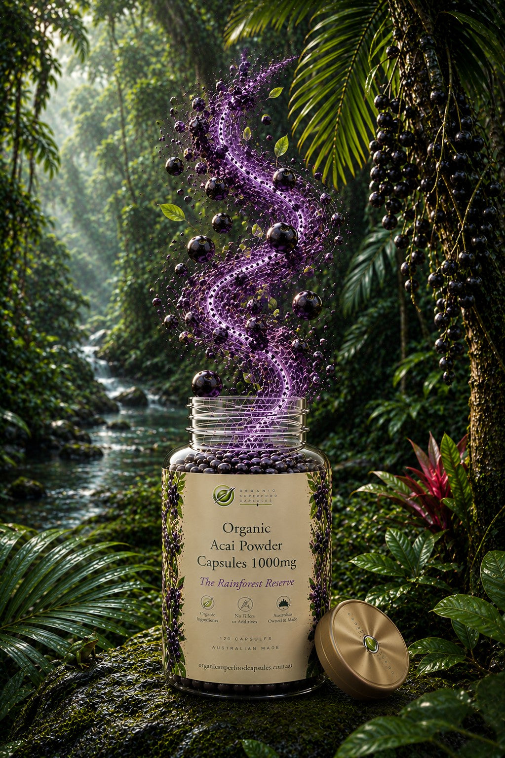 A jar of organic acai powder capsules stands in a lush tropical forest scene, with a swirling cloud of purple acai berries rising from the open jar and a gold-toned lid resting beside it on the mossy ground.
