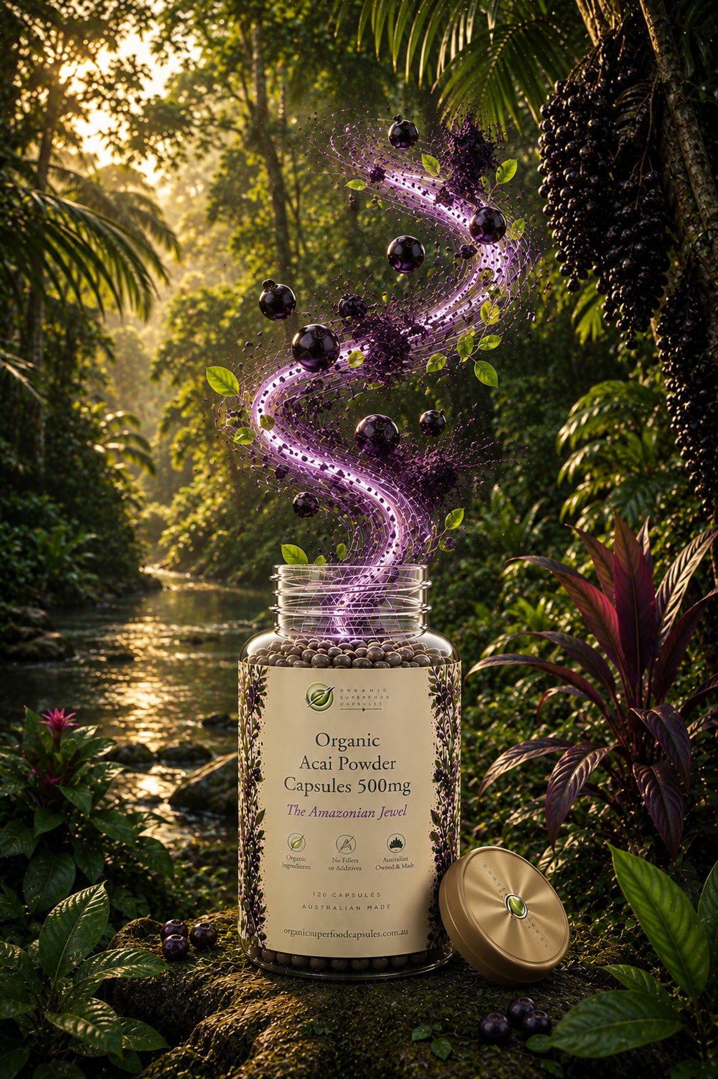 A jar of Organic Acai Powder capsules stands in a lush tropical forest scene with a stream, moss, and glowing purple acai berries floating above the open container. The lid rests beside the jar on the ground.