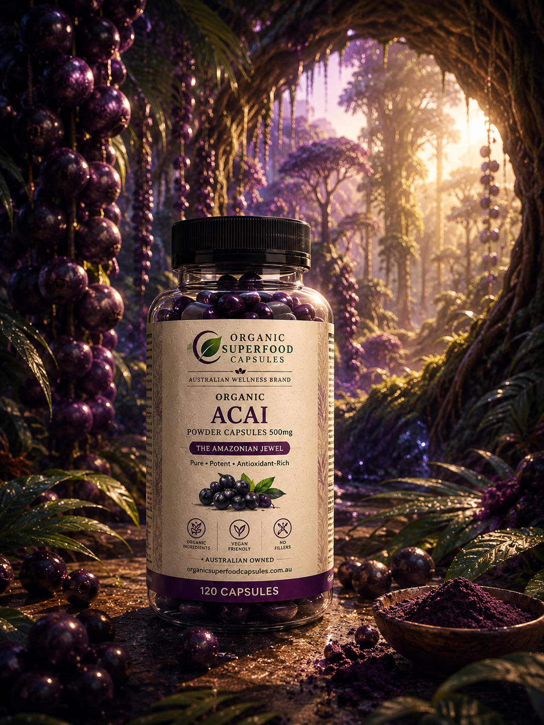 Bottle of Organic Superfood Australia Acai powder capsules in a fantasy forest setting. Organic Acai Powder Capsules 500mg | The Amazonian Jewel
