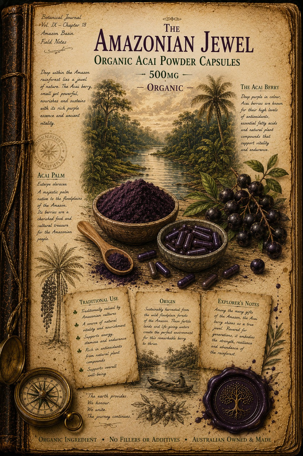 Vintage-style illustrated product card for 'The Amazonian Jewel Organic Acai Powder Capsules 50mg'. The design features an aged parchment background with illustrations of a tropical river landscape, aces palms, aces berries, capsules, a wooden spoon, a compass, and a wax seal.