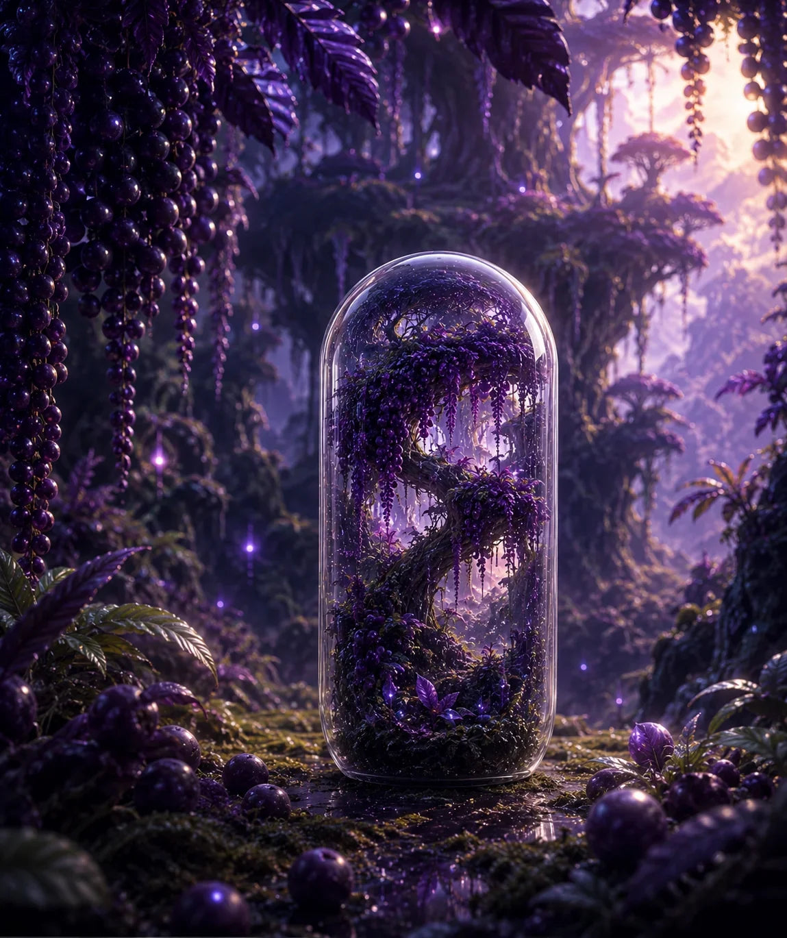 Fantasy scene with a glass dome enclosing a mystical forest, surrounded by purple foliage. Organic Acai Powder Capsules 1000mg | The Rainforest Reserve