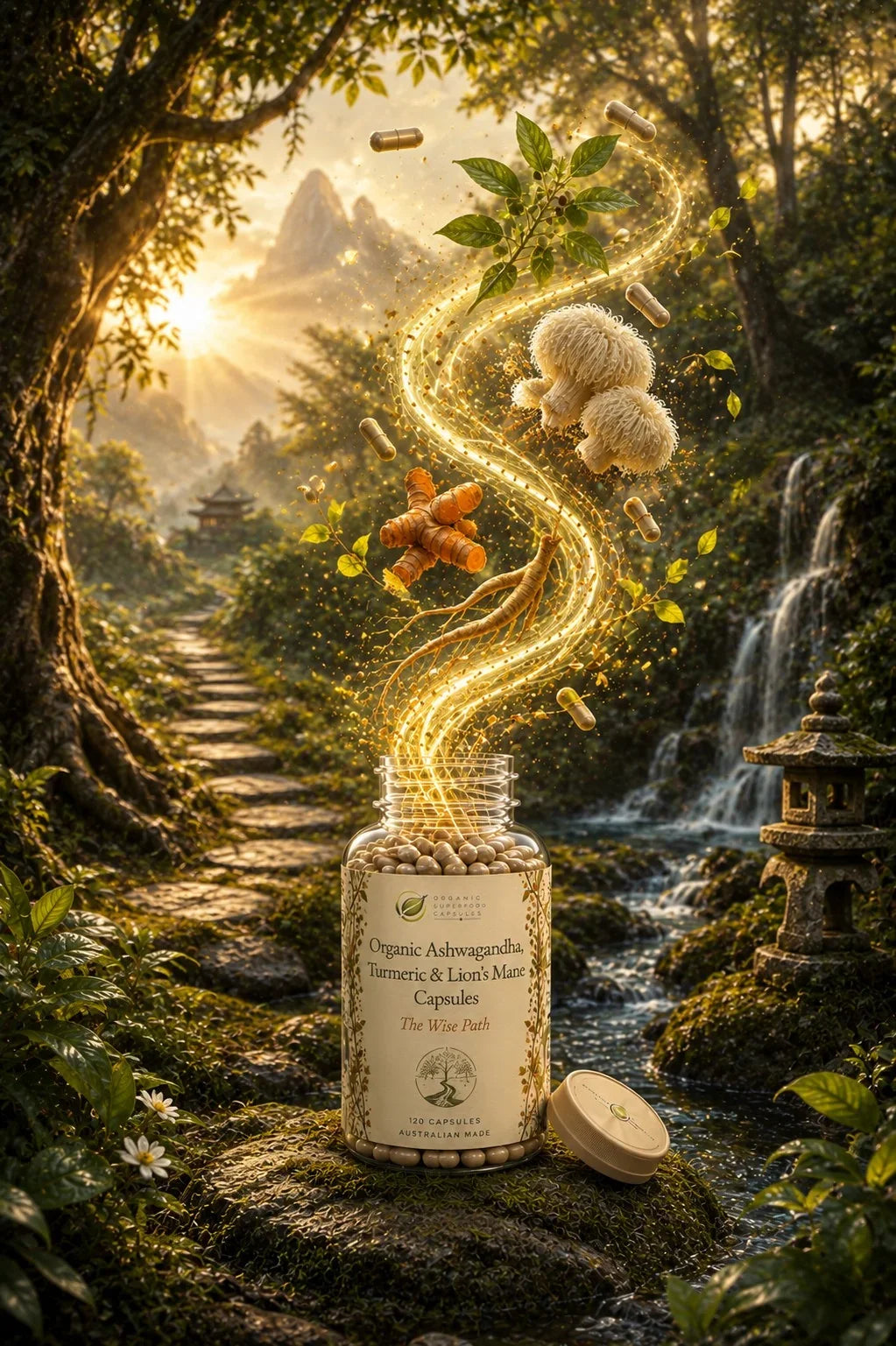 A jar of herbal capsules sits on a mossy path in a lush forest scene, with glowing golden particles and floating herbs swirling upward into a waterfall and sunlit woods. The label reads Organic Astragalus, Rhubarb & Leuzeia Herbs Capsules.