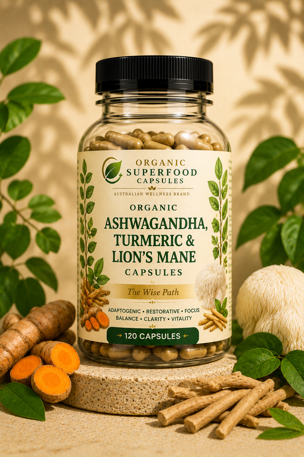 Jar of Organic Superfood Capsules with Ashwagandha, Turmeric, and Lion's Mane surrounded by natural elements on a beige background. Organic Ashwagandha, Turmeric & Lion's Mane Capsules | The Wise Path