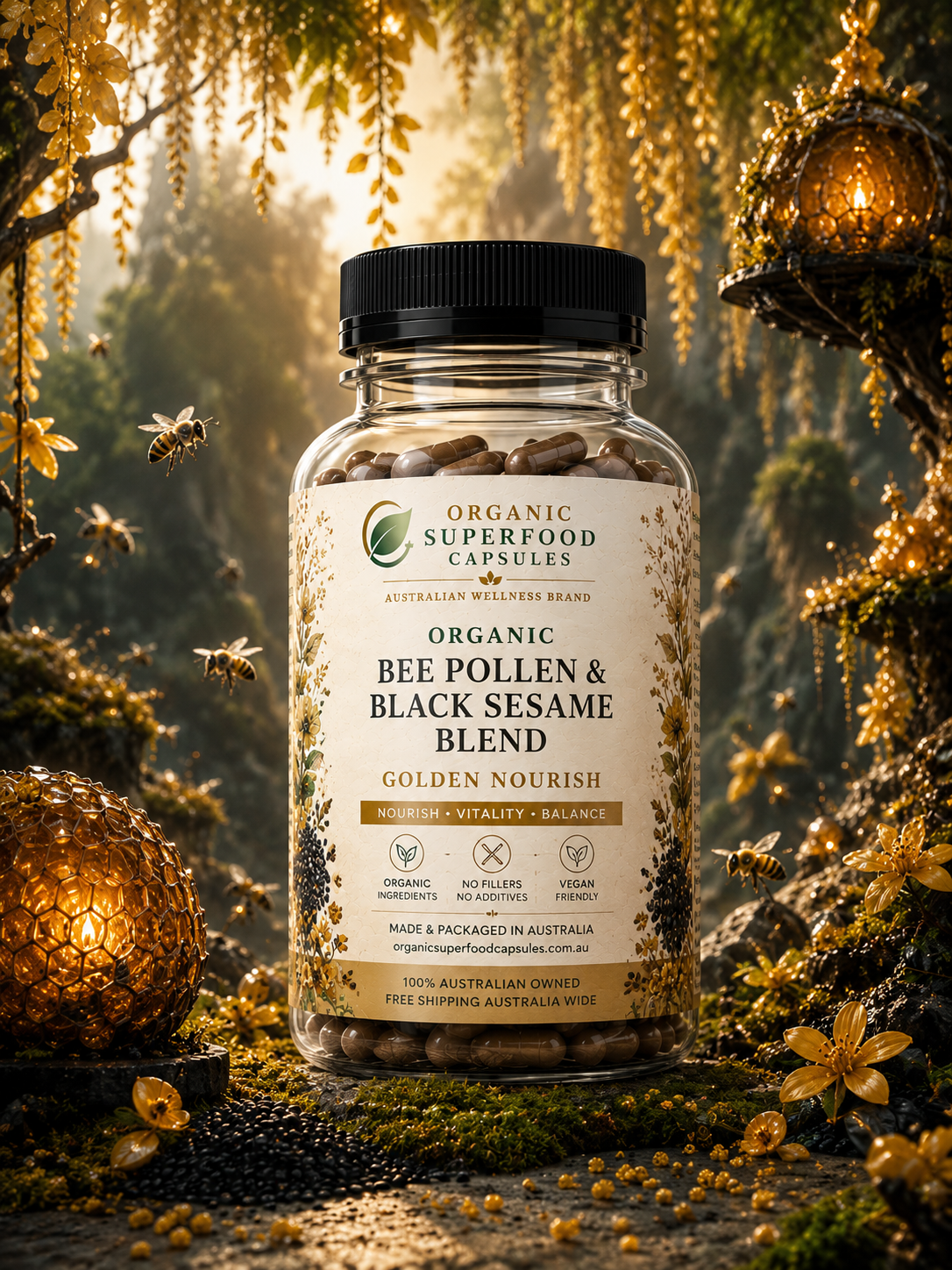 Bottle of Organic Superfood Australia Organic Bee Pollen & Black Sesame Blend with a natural background. Organic Bee Pollen & Black Sesame Blend | Golden Nourish