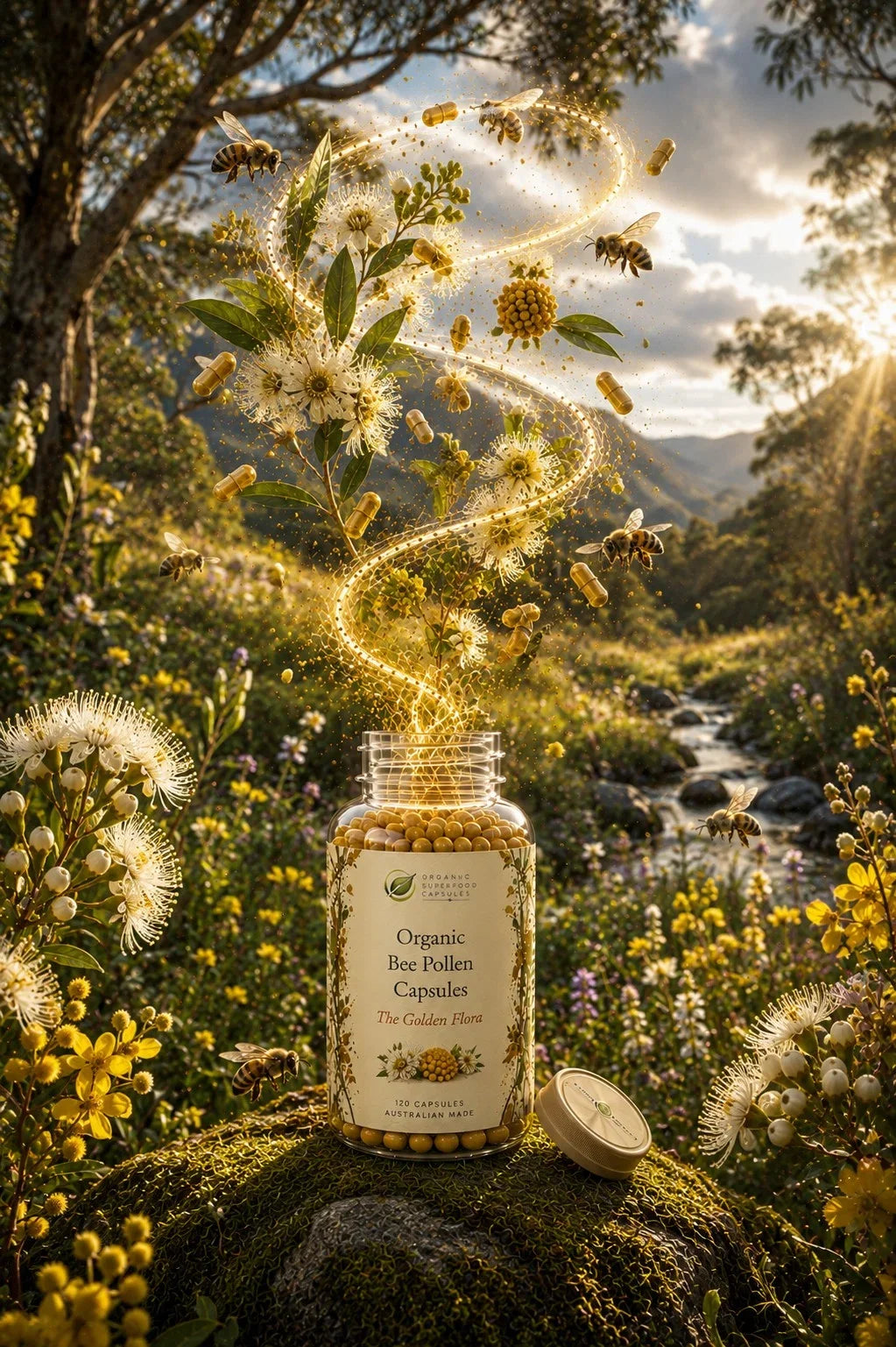 A jar of Organic Bee Pollen Capsules sits on a mossy rock in a sunlit wildflower meadow, with bees flying around it and golden pollen swirling into the sky. The jar label reads 'Organic Bee Pollen Capsules' and 'The Golden Flower.