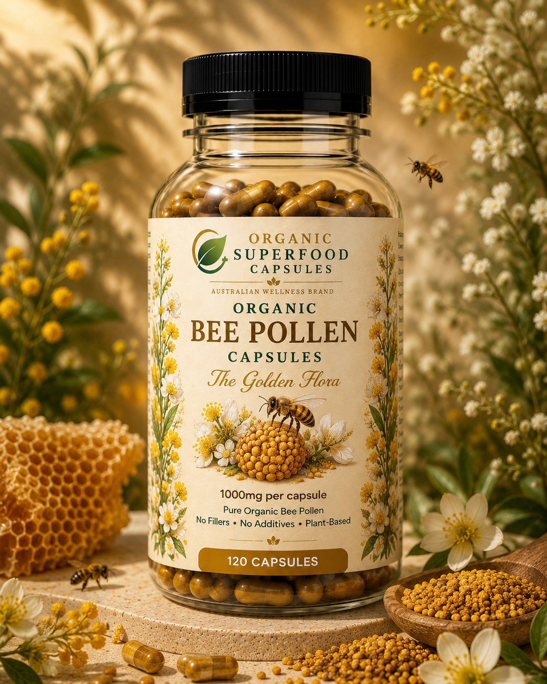 Jar of organic bee pollen capsules with a natural background featuring flowers and honeycomb. Organic Bee Pollen Capsules | The Golden Flora
