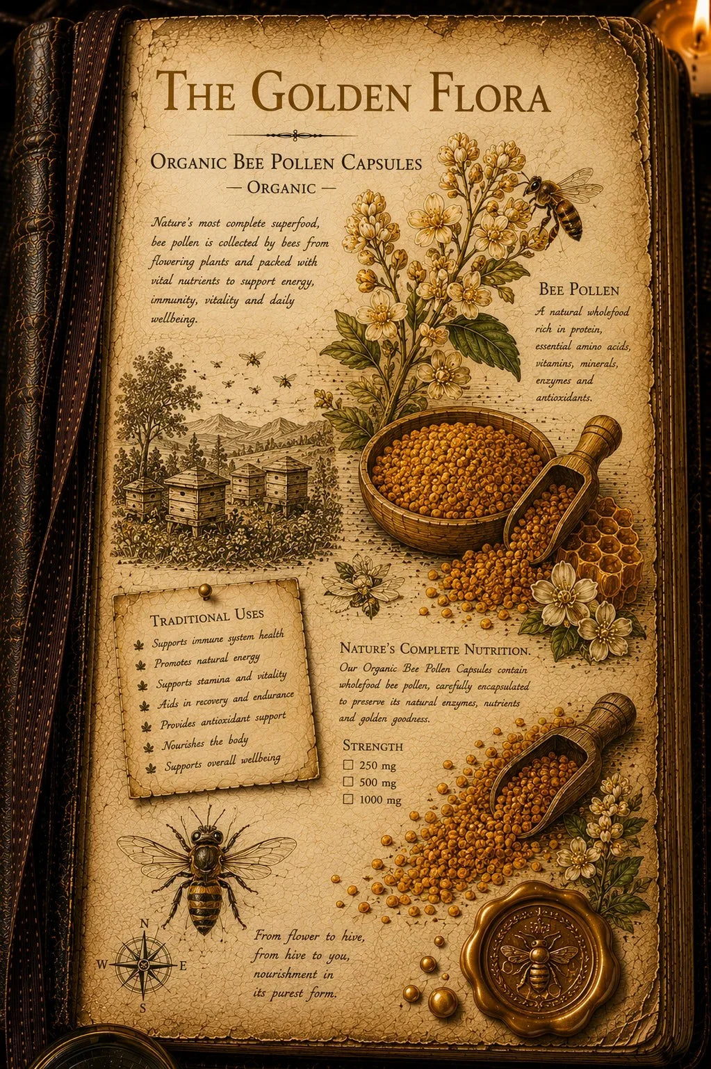 A vintage-style illustrated booklet or recipe card titled "The Golden Flora" showing organic bee pollen capsules, with botanical drawings, a bowl of golden pollen, honeycomb, bees, and decorative text on an aged parchment background.