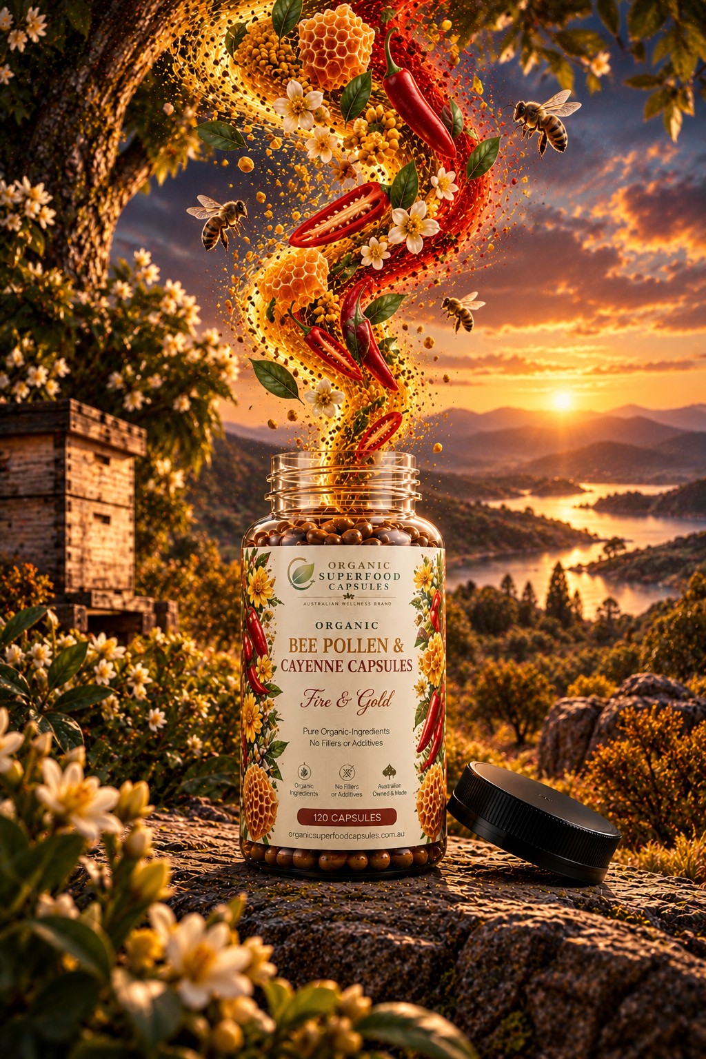 A jar of organic bee pollen and hive capsules labeled 'True & Gold' by Organic Superfood & Supply, placed on a stone surface with its lid beside it. The jar is set against a scenic outdoor background with a beehive, flowers, bees, and a sunset over water.