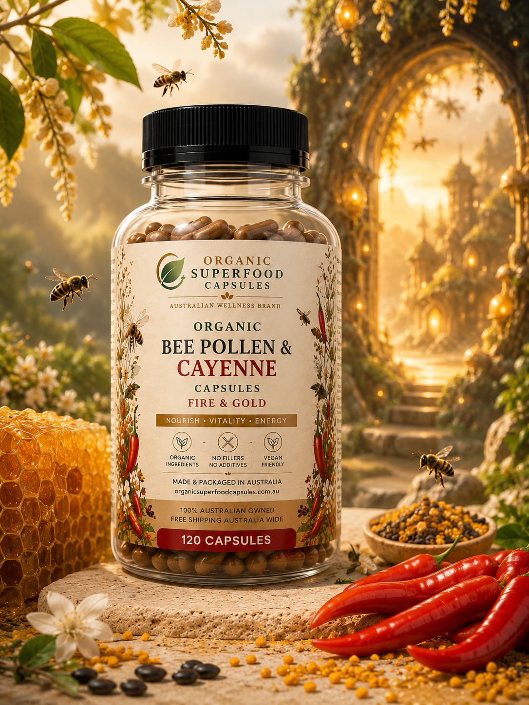 Bottle of Organic Superfood Capsules Bee Pollen & Cayenne with natural elements in the background. Organic Bee Pollen & Cayenne Capsules | Fire & Gold