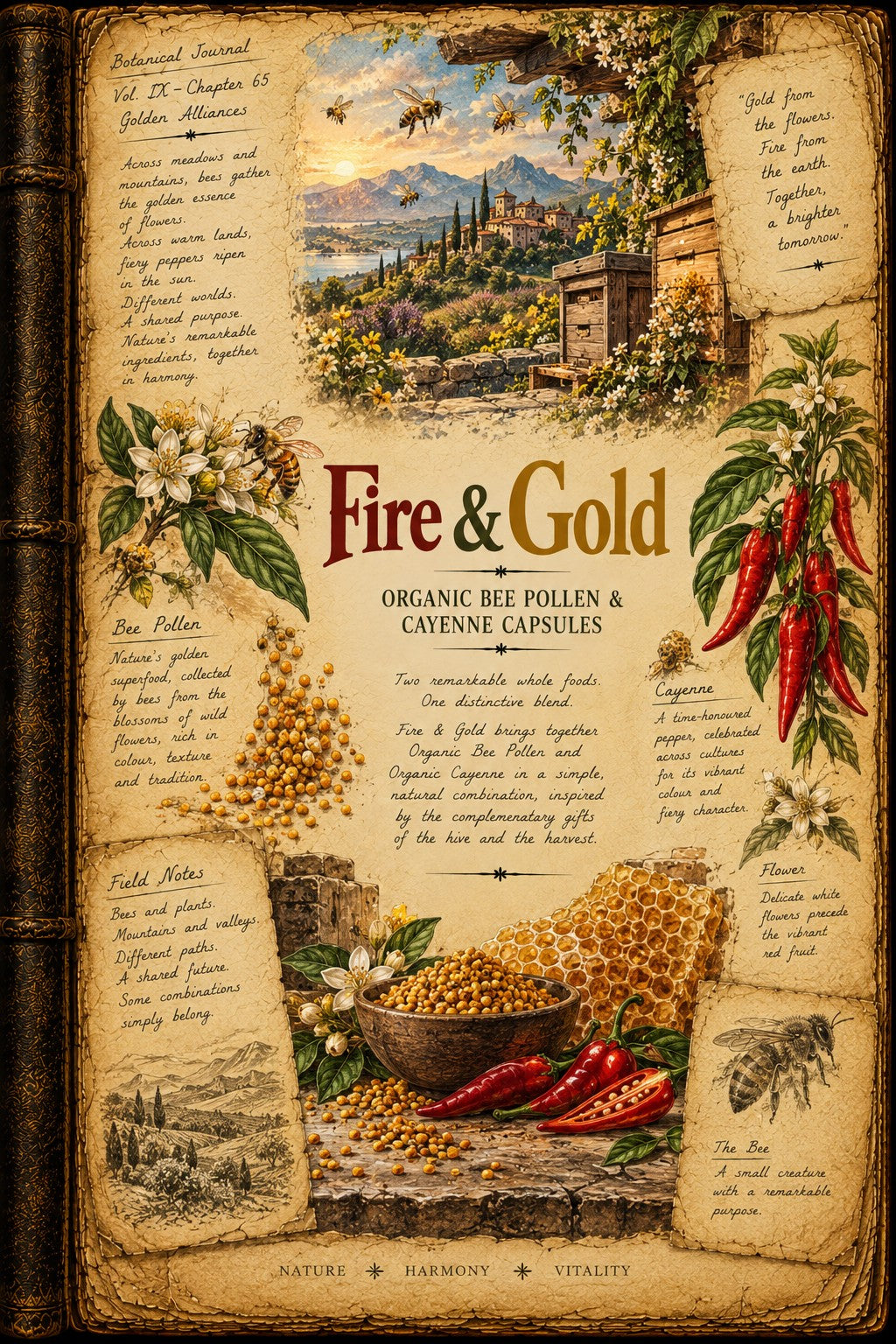 A vintage-style illustrated poster or book page for Fire & Gold Organic Bee Pollen & Cayenne Capsules. The aged parchment design features a central landscape painting, illustrations of honeycombs, red chili peppers, bees, and text panels detailing ingredients and benefits.