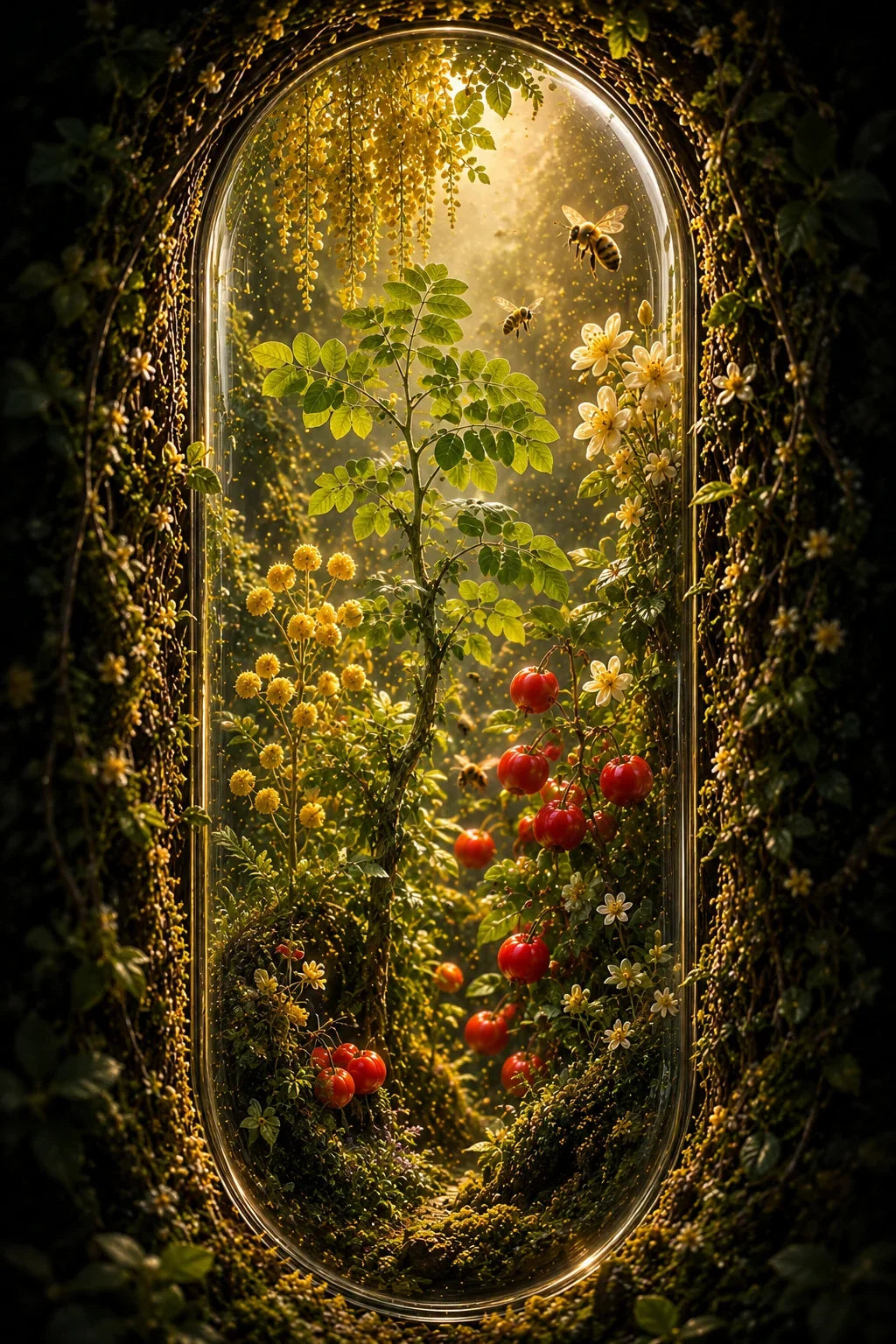 Framed view of a garden with flowers and fruits, surrounded by foliage. Organic Bee Pollen, Moringa & Acerola Capsules | The Botanical Bloom