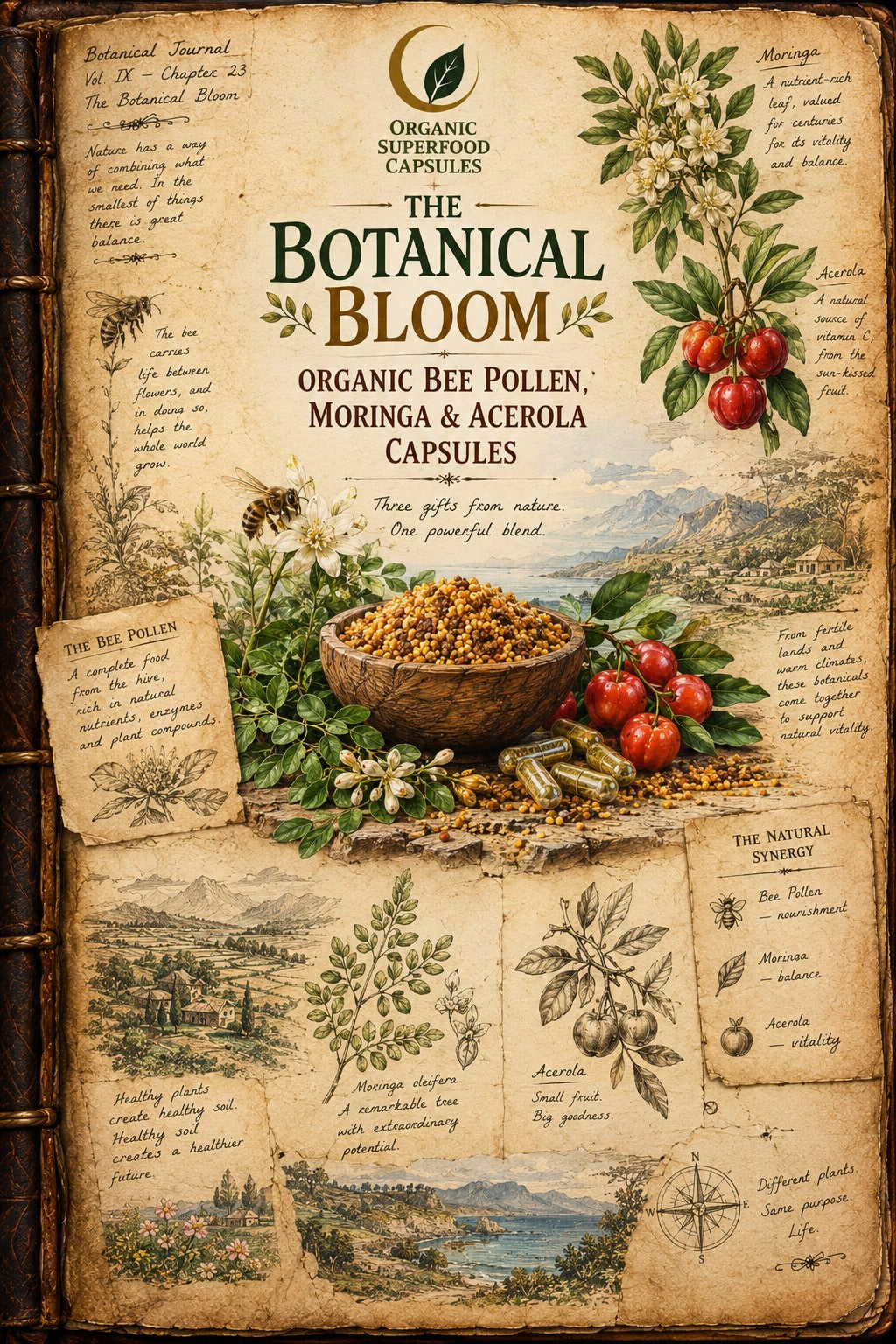 A vintage-style illustrated book cover titled 'The Botanical Bloom' with botanical illustrations, handwritten notes, a bowl of golden capsules, and red berries on an aged parchment background.