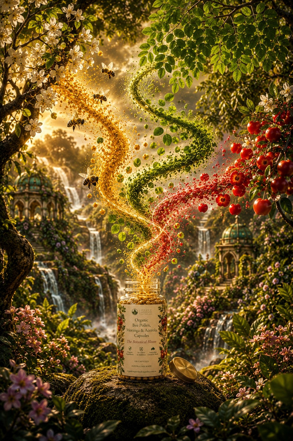 A mystical garden scene with a glowing jar on a mossy rock, emitting three winding streams of golden, green, and red particles or flowers into a lush forest with waterfalls and flowering plants.