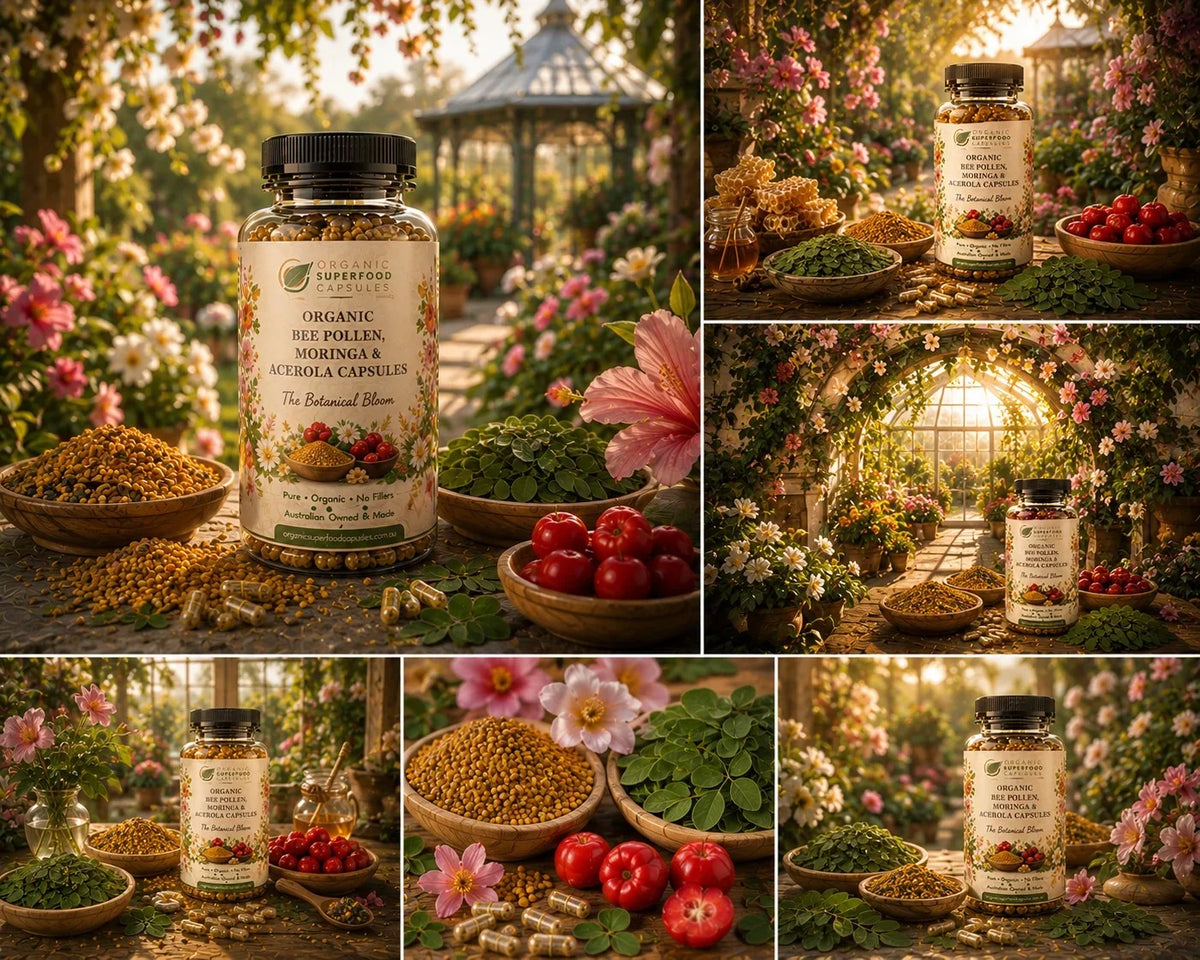 A collage of garden-themed product photos featuring a jar of Superfood Organics Organic Nut Pollen Capsules surrounded by bowls of seeds, pollen, herbs, and tomatoes in a lush flower garden.