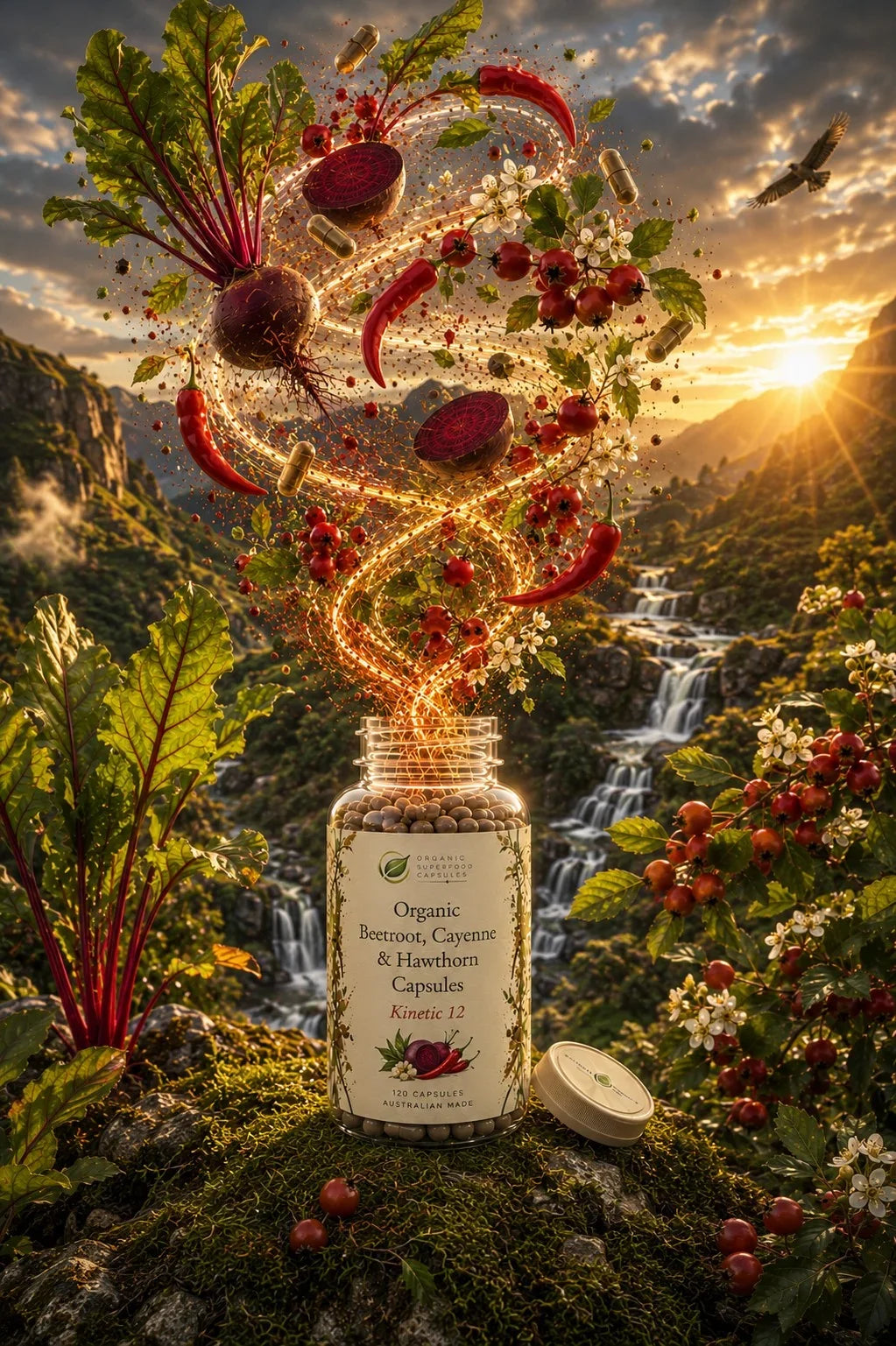 A glass supplement bottle labeled 'Organic Turmeric, Ginger & Hawthorn Capsules' sits on a mossy rocks by a mountain stream at sunset, with glowing spiral light trails and floating beet greens, red beets, chili peppers, berries, and a bird above it.