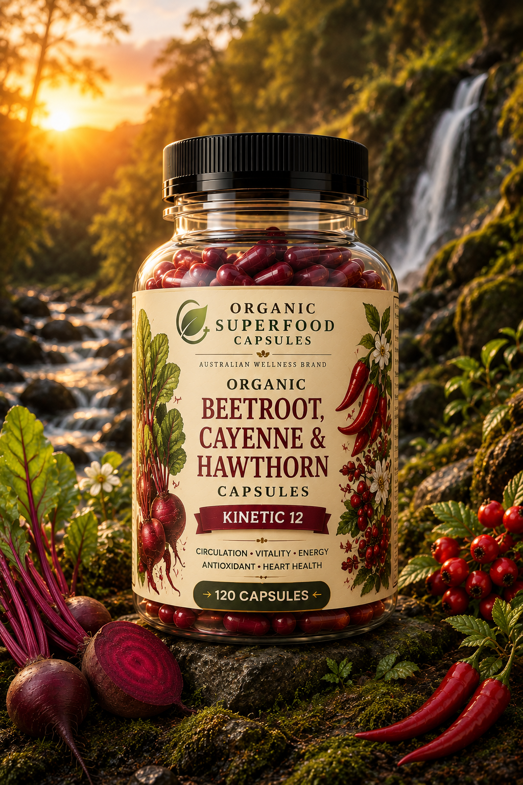 Jar of Organic Superfood Capsules with natural background. Organic Beetroot, Cayenne & Hawthorn Capsules | Kinetic 12