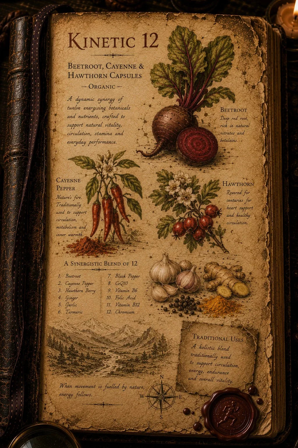 An open antique-style book or journal showing a parchment page titled 'Kinetic 12' with vintage botanical illustrations of beetroot, catnip pepper, hawthorn, garlic, and herbs, alongside a traditional recipe card and wax seal.