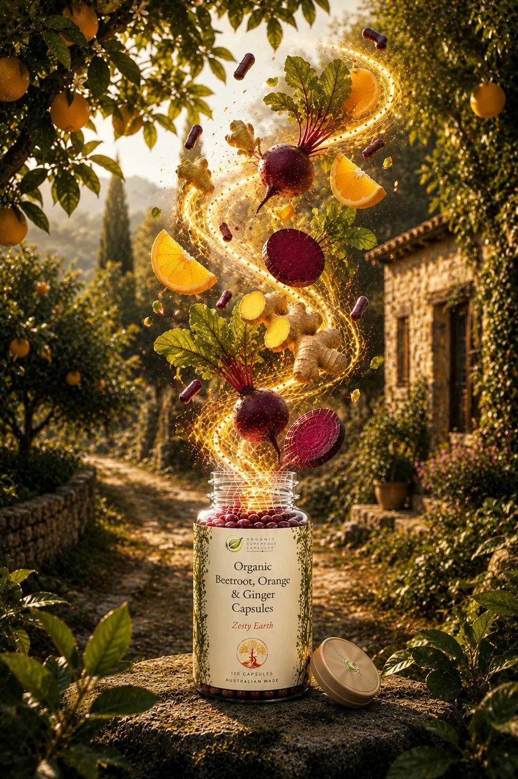A jar of Organic Beetroot, Orange & Ginger Capsules by Super Earth stands on a stone path in a sunlit garden, with beetroot, oranges, ginger, and golden light swirling dynamically above the open jar.
