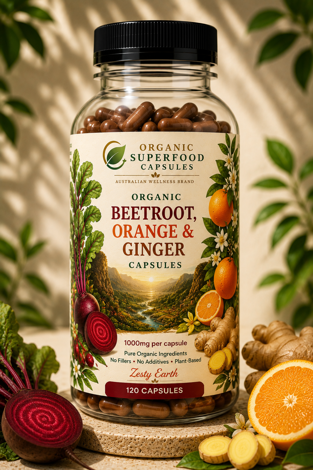 Bottle of Organic Superfood Capsules with beetroot, orange, and ginger on a natural background. Organic Beetroot, Orange & Ginger Capsules | Zesty Earth