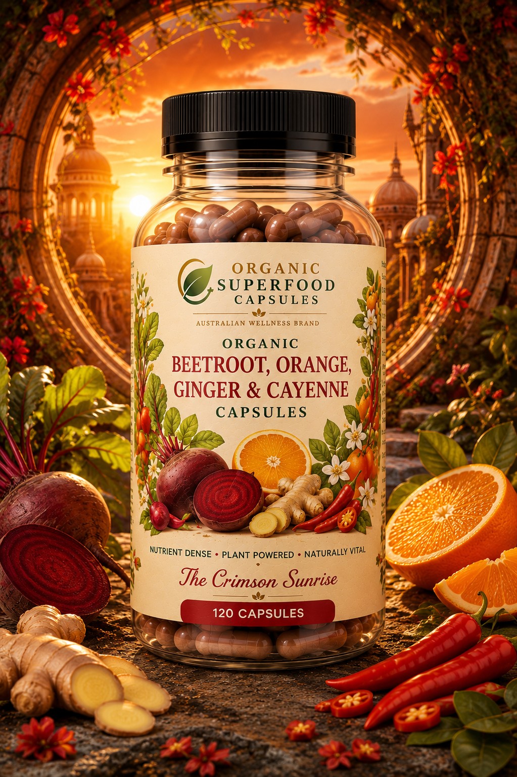 Organic Beetroot, Orange, Ginger & Cayenne Capsules | The Crimson Sunrise