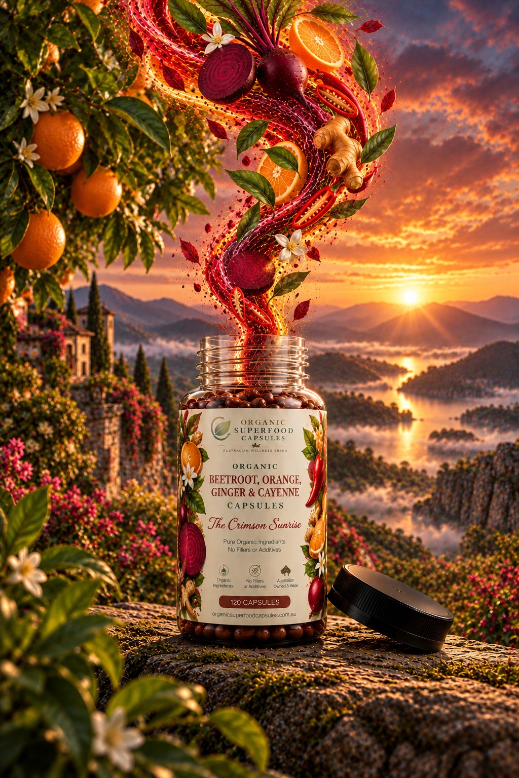 A bottle of organic beetroot, orange, ginger, and cayenne capsules sits on a stone surface with its lid beside it, set against a scenic landscape at sunset. A swirling burst of fresh ingredients including beetroot, orange slices, ginger, and green leaves erupts from the open bottle.