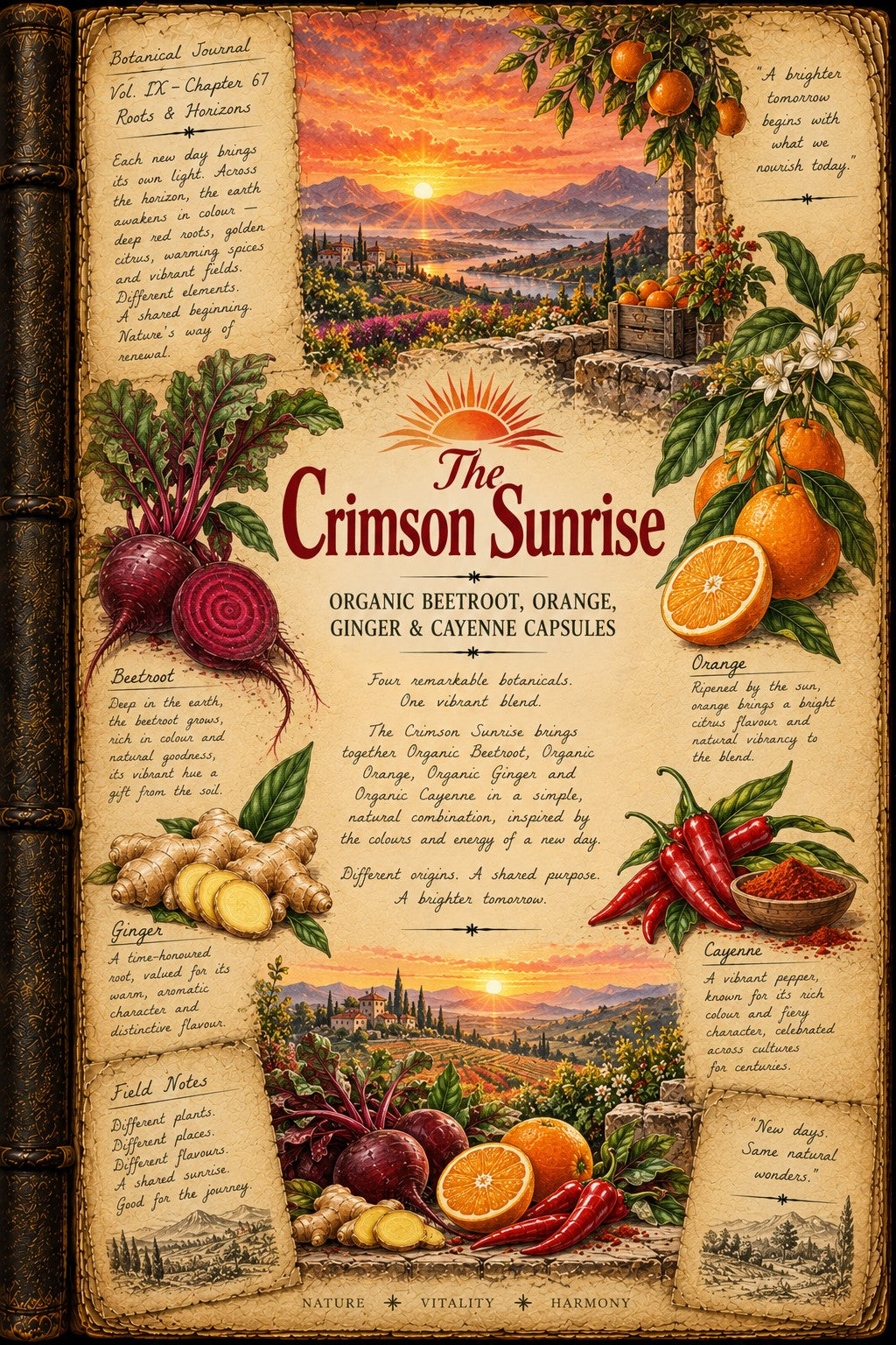 A vintage-style illustrated product card for The Crimson Sunrise Organic Beetroot, Orange, Ginger and Cayenne Capsules. The aged parchment-style card features a warm sunset landscape at the top, illustrations of fresh beets, oranges, ginger, and red chili peppers, and decorative text detailing the product's ingredients and benefits.