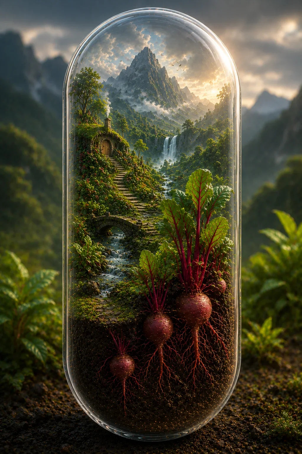 Glass dome containing beets with a mountainous landscape inside. Organic Beetroot Powder Capsules | Pure Earth Energy