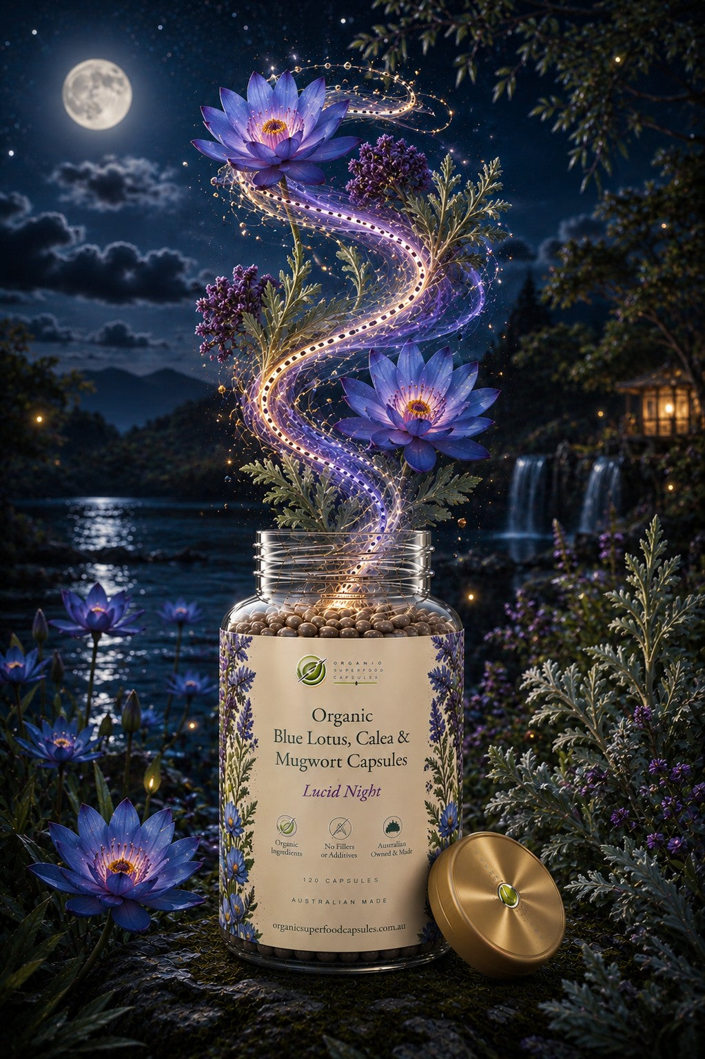 A glass jar of organic blue lotus, calms, and mugwort capsules sits on a log by a lake at night, with glowing purple flowers and a swirling trail of light rising from the open jar. The gold-toned lid rests beside the jar, and the scene is set against a moonlit landscape with waterfalls and foliage.