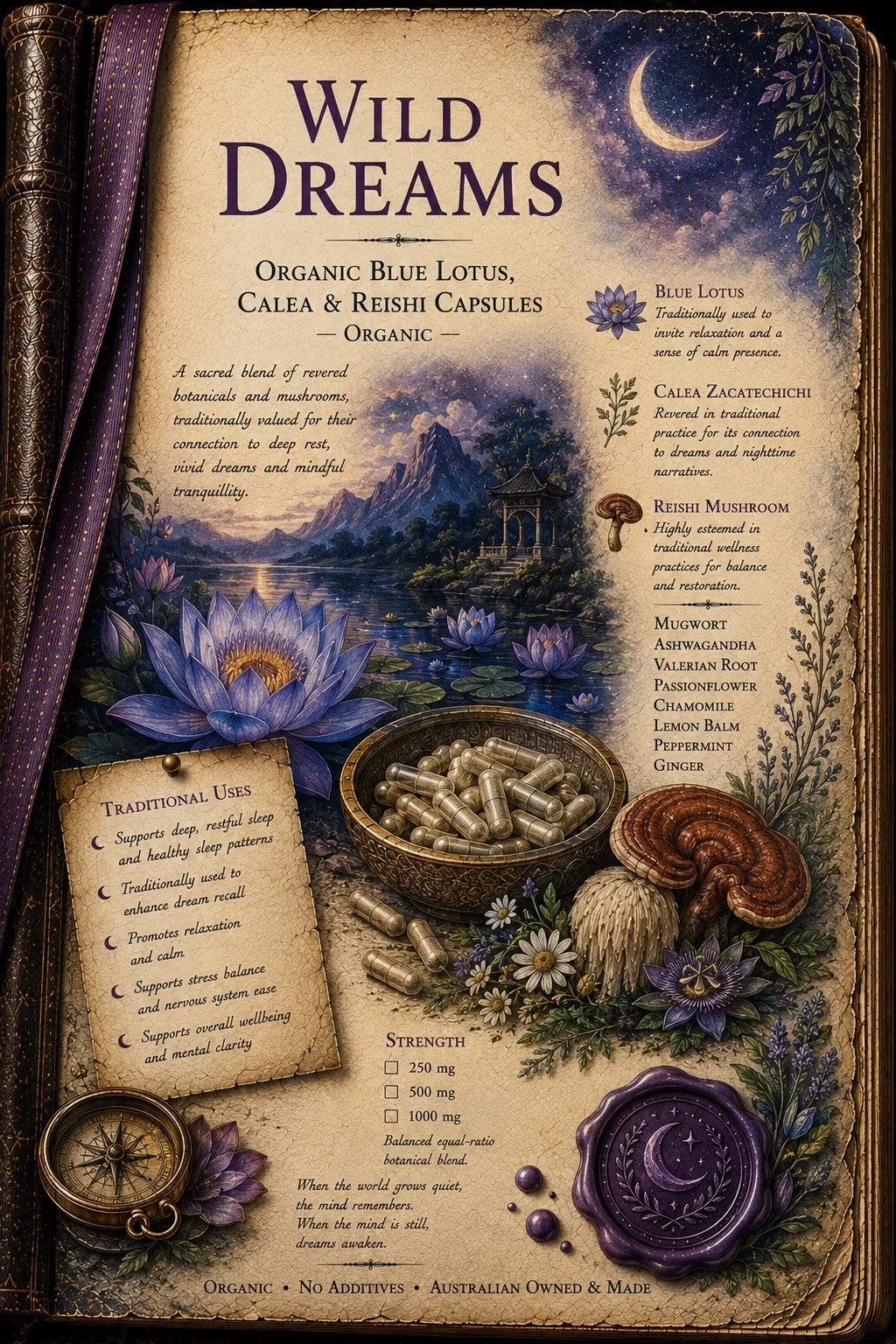 A decorative product card for Wild Dreams Organic Blue Lotus, Calga & Rhinisi Capsules. The card features a mystical, illustrated vintage aesthetic with a dark purple background, a crescent moon, a purple ribbon, and illustrations of the product ingredients (blue lotus flowers, mushrooms, herbs) and packaging (a gold capsule, a purple sachet, and a small gold compass).