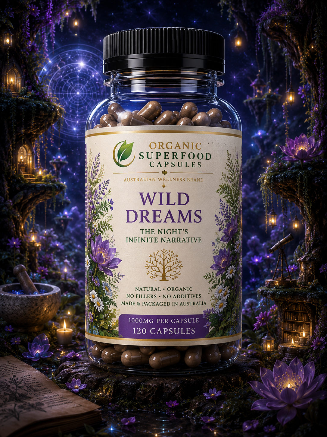Supplement bottle labeled 'Wild Dreams' in a fantasy-themed setting with purple flowers and mystical elements. Wild Dreams | The Night’s Infinite Narrative