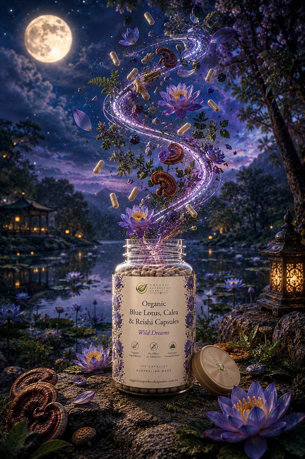 A jar of organic blue lotus, calms, and reishi capsules stands on a log by a pond at night under a full moon, with glowing purple flowers and capsules floating above in a mystical scene.