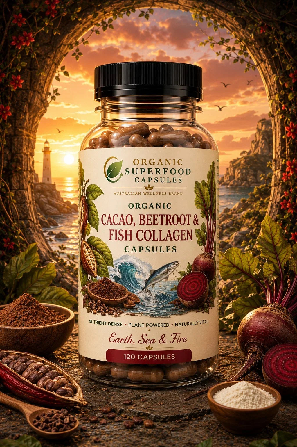 Organic Cacao, Beetroot & Fish Collagen Capsules | Earth, Sea & Fire
