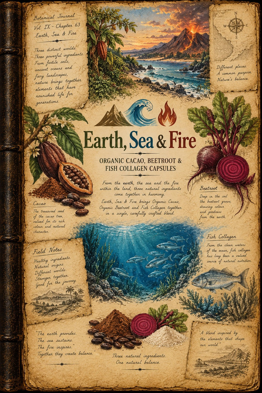 A decorative book-style cover or poster titled "Earth, Sea & Fire" with illustrated ingredients and text panels. The design shows a volcanic landscape, ocean waves, beetroot, seaweed, fish, cocoa beans, and parchment textures in warm brown, beige, blue, green, and red tones.