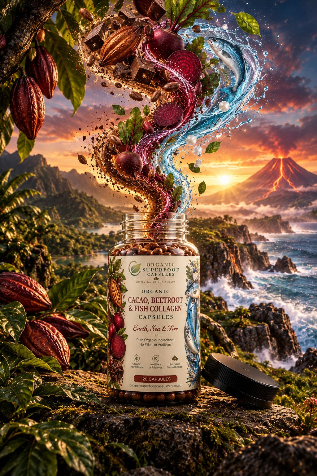 A bottle of Organic Superfood Cultures Cacao, Beetroot & Fish Collagen Capsules stands on a mossy rock with its lid beside it. A dramatic splash of blue and red liquid with cacao chunks, beetroot, and green leaves erupts from the bottle against a vivid volcanic ocean landscape at sunset.