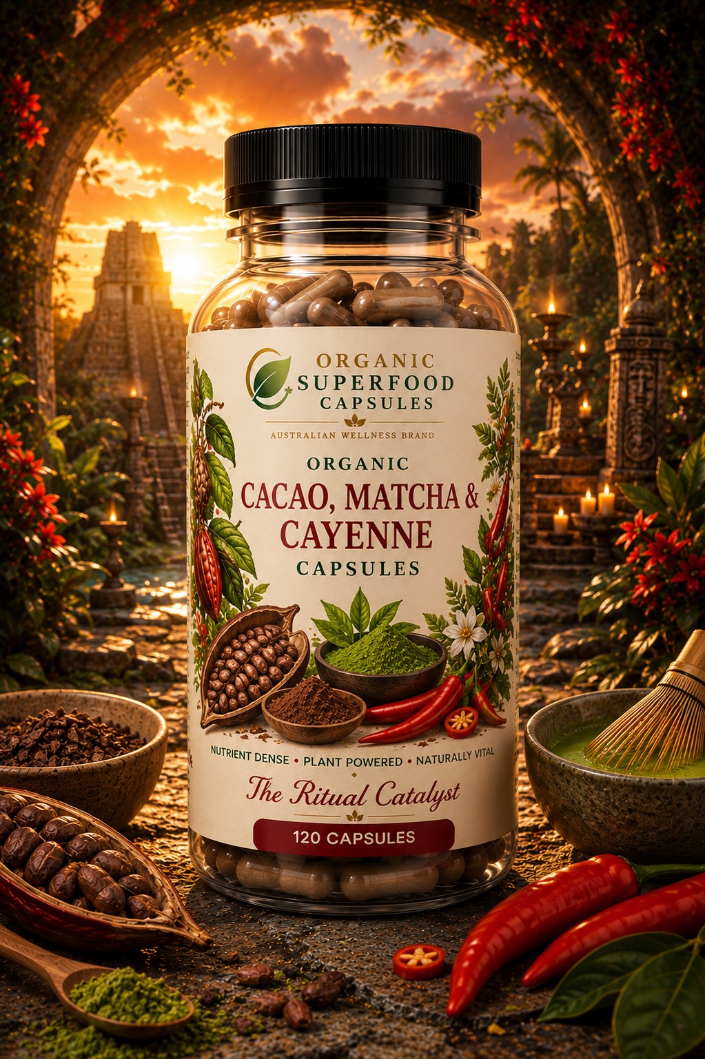 Organic Cacao, Matcha & Cayenne Capsules | The Ritual Catalyst