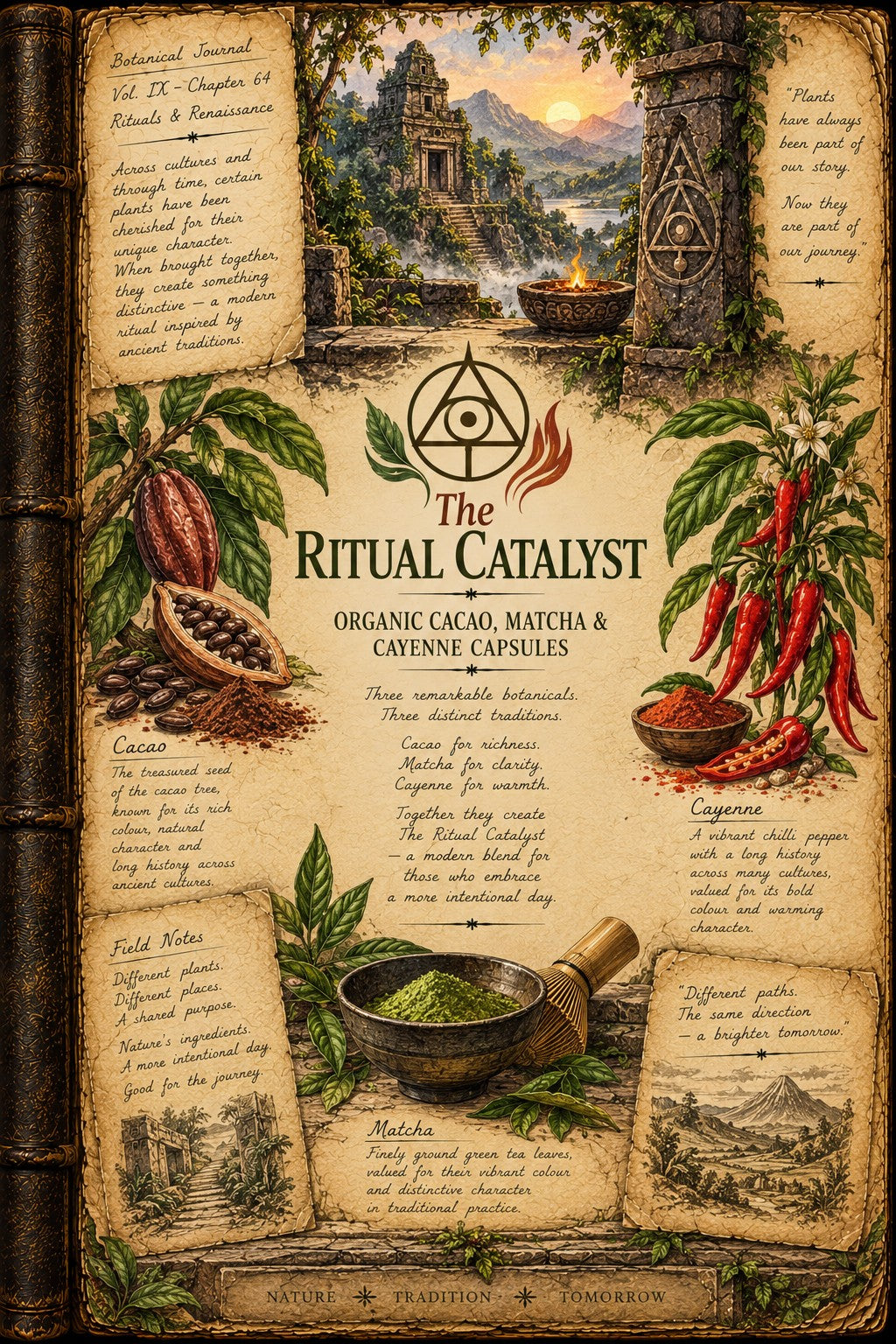 Vintage-style illustrated book cover titled "The Ritual Catalyst" featuring aged parchment pages, botanical illustrations including cacao pods, chili peppers, herbs, a mortar and pestle, and a central eye-within-a-circle symbol. Text references organic cacao matcha and cayenne capsules.