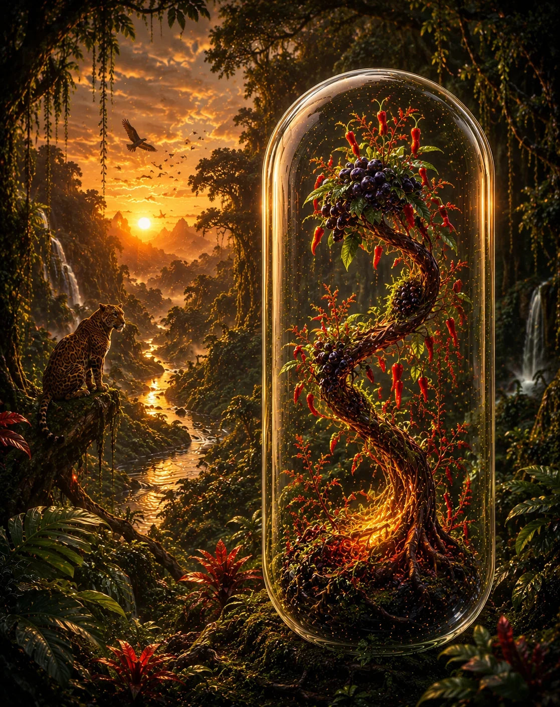 Glass dome enclosing a vibrant plant with a mystical forest scene in the background. Organic Cayenne & Acai Berry Capsules | Amazonian Spark