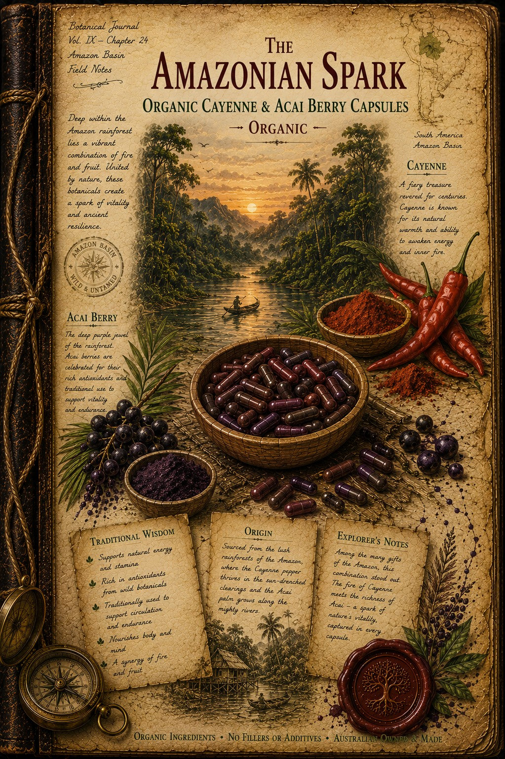 Vintage-style illustrated product card for 'The Amazonian Spark Organic Cayenne & Acai Berry Capsules'. The design features an aged parchment background with a central scenic illustration of a tropical river, surrounded by bowls of purple acai berries, red cayenne peppers, and dark capsules, with decorative text and illustrations of compasses and herbs.