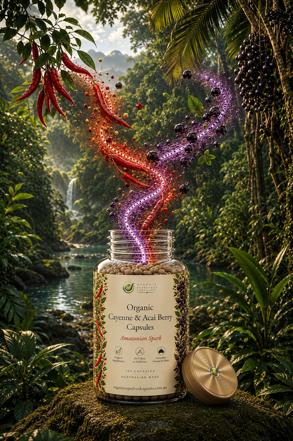 A clear jar of Organic Cayenne & Acai Berry Capsules stands on a mossy rock in a lush tropical forest, with red chili peppers and purple acai berries floating above the container as if刚从 the jungle scene.