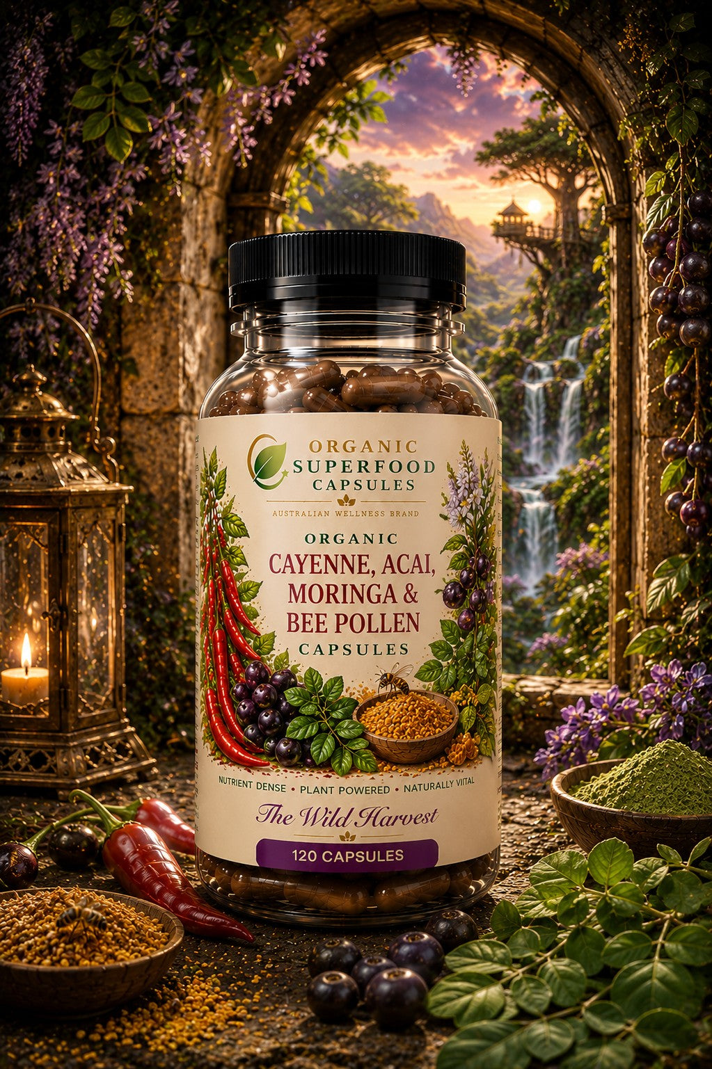 Organic Cayenne, Acai, Moringa & Bee Pollen Capsules | The Wild Harvest