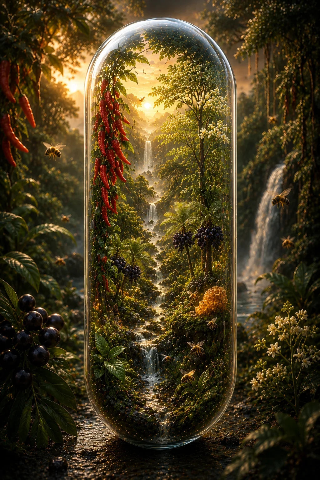 Futuristic dome enclosing a lush forest with waterfalls and vibrant plants. Organic Cayenne, Acai, Moringa & Bee Pollen Capsules | The Wild Harvest