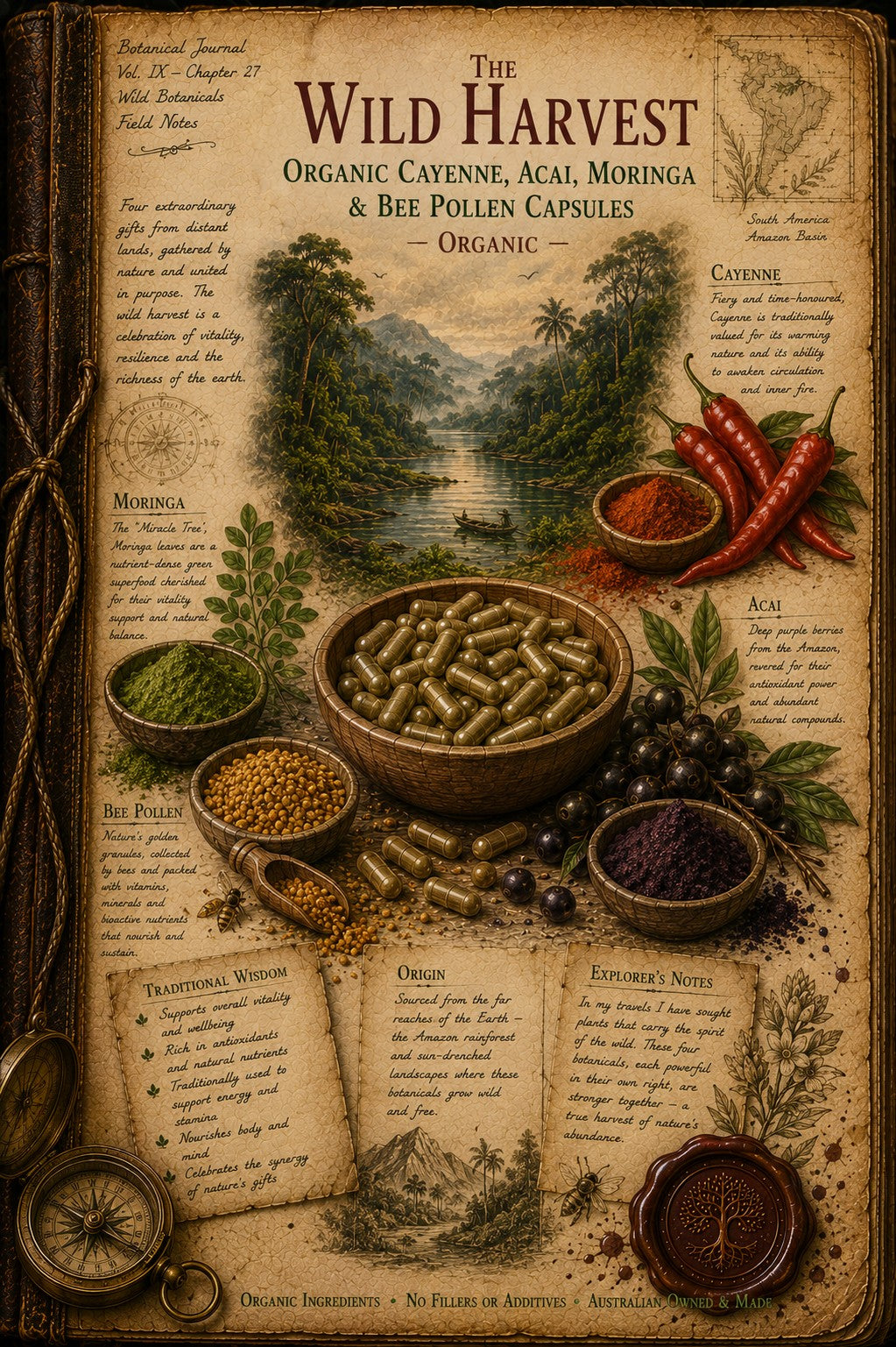 A vintage-style illustrated product poster for 'The Wild Harvest' organic cayenne, acai, moringa, and bee pollen capsules. The design features a parchment background with a central illustration of a lush tropical river scene, surrounded by illustrations of the raw ingredients (cayenne peppers, acai berries, moringa leaves, seeds, and pollen) and informational text blocks.