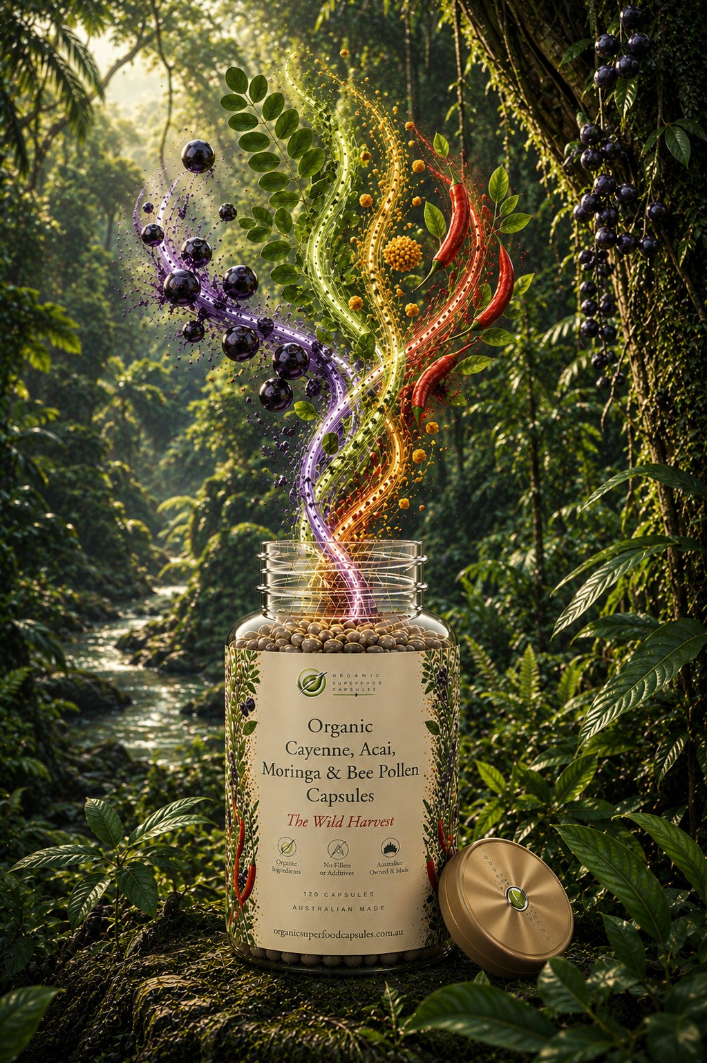 A clear supplement bottle labeled 'Organic Cayenne, Acai, Moringa & Bee Pollen Capsules' sits on a mossy log in a lush green forest. Colorful glowing plant-like ribbons and dark berry clusters emerge from the open bottle, with a gold-toned cap resting beside it.