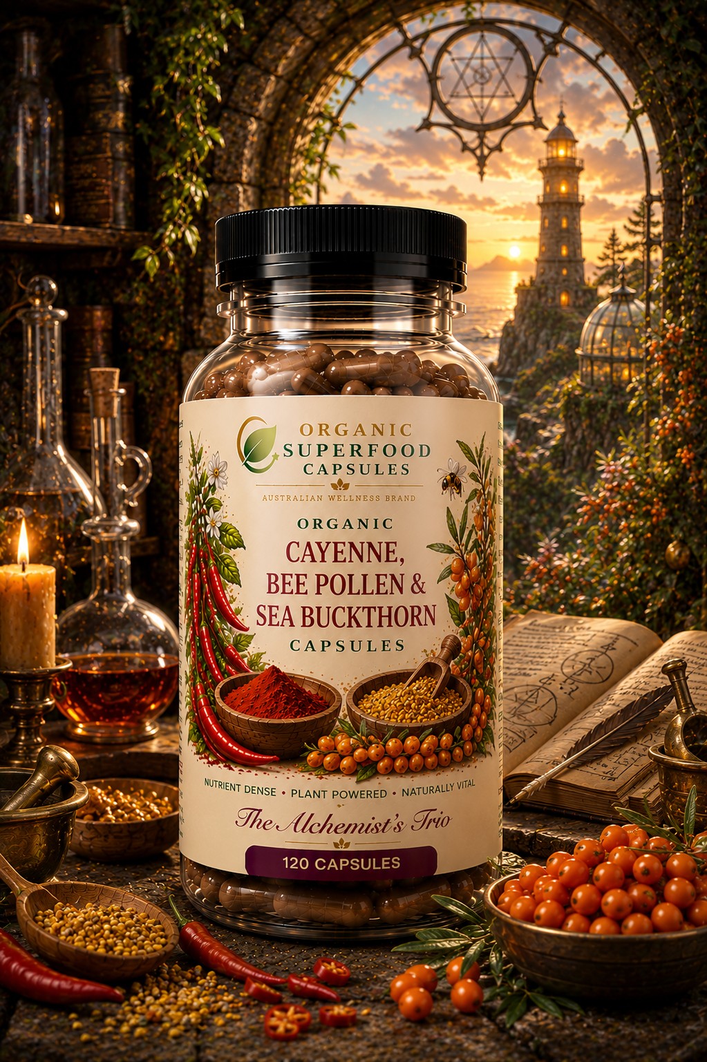 Organic Cayenne, Bee Pollen & Sea Buckthorn Capsules | The Alchemist's Trio