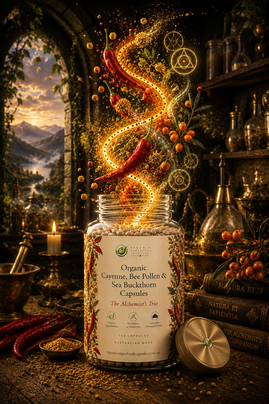 A glass jar of organic caveyne, bee pollen, and sea buckthorn capsules sits on a rustic table surrounded by herbs, spices, and old books, with a swirling golden spiral of particles and red chili peppers rising from the open jar.