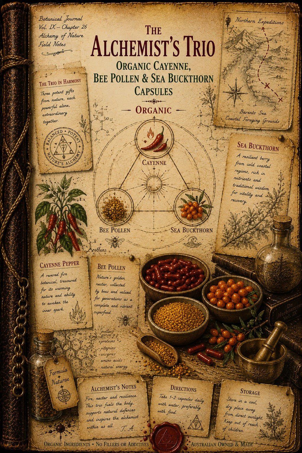Vintage-style illustrated recipe card titled 'The Alchemist's Trio' showing organic cayenne, bee pollen, and sea buckthorn capsules, with parchment notes, botanical drawings, bowls of ingredients, and a dark brown book spine on the left.