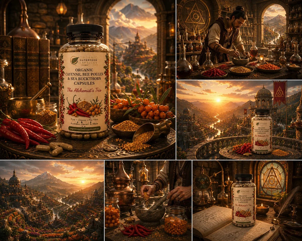 A collage of six panels featuring a jar of herbal supplement capsules placed in richly detailed fantasy-style scenes with mountains, alchemy vessels, spices, and a person preparing ingredients. The main product shown is a clear jar labeled 'Organic Ginseng Root Powder & Sea Bitters Capsules' with red chili peppers and golden powder around it.