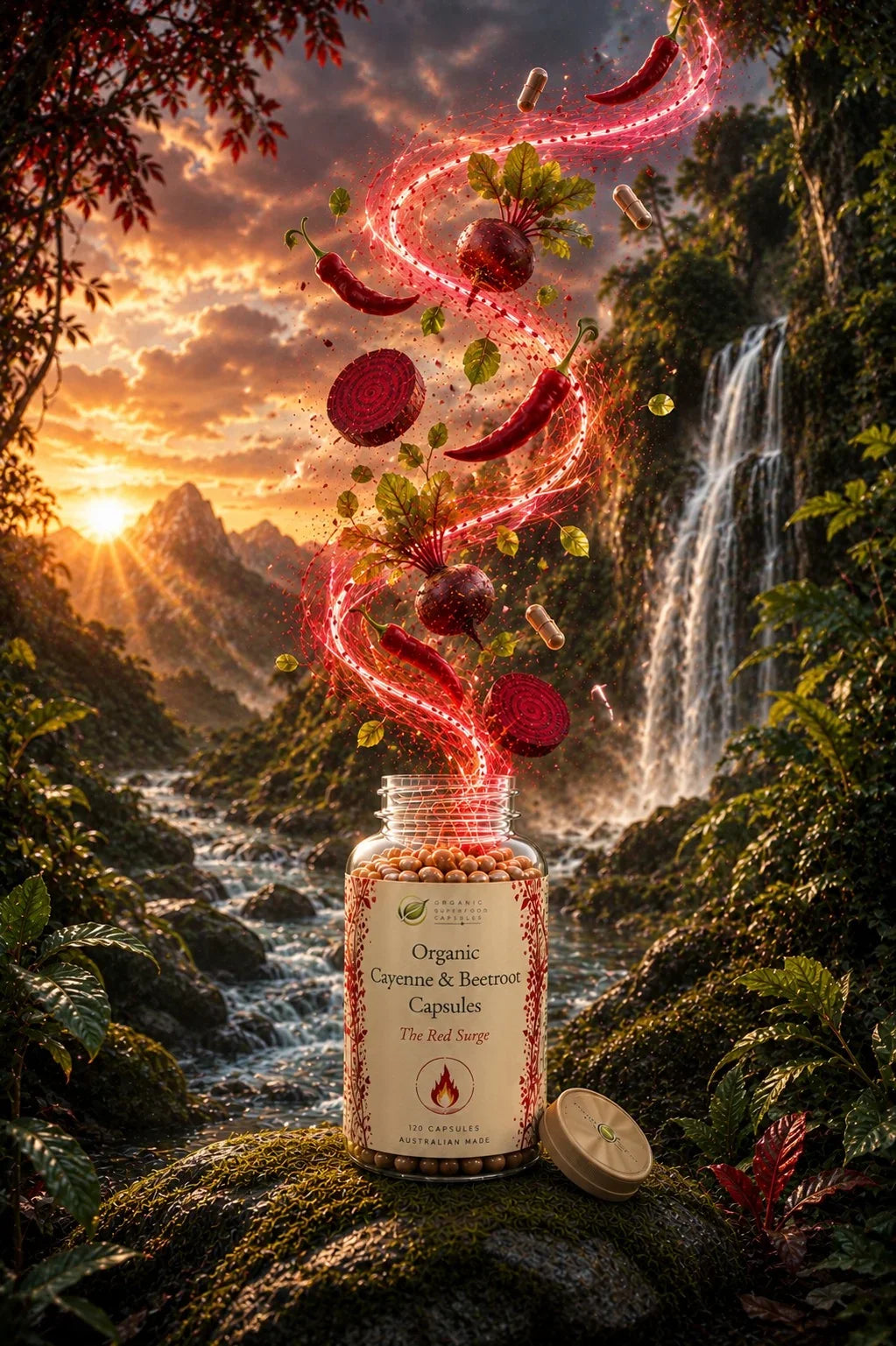 A glass bottle labeled 'Organic Capsicum & Borage Capsules' sits on a mossy rock in a lush forest scene with waterfalls and a sunset. Red chili peppers, beetroot, and green leaves swirl upward in a glowing pink-red spiral, suggesting a magical or synthetic ingredient infusion.